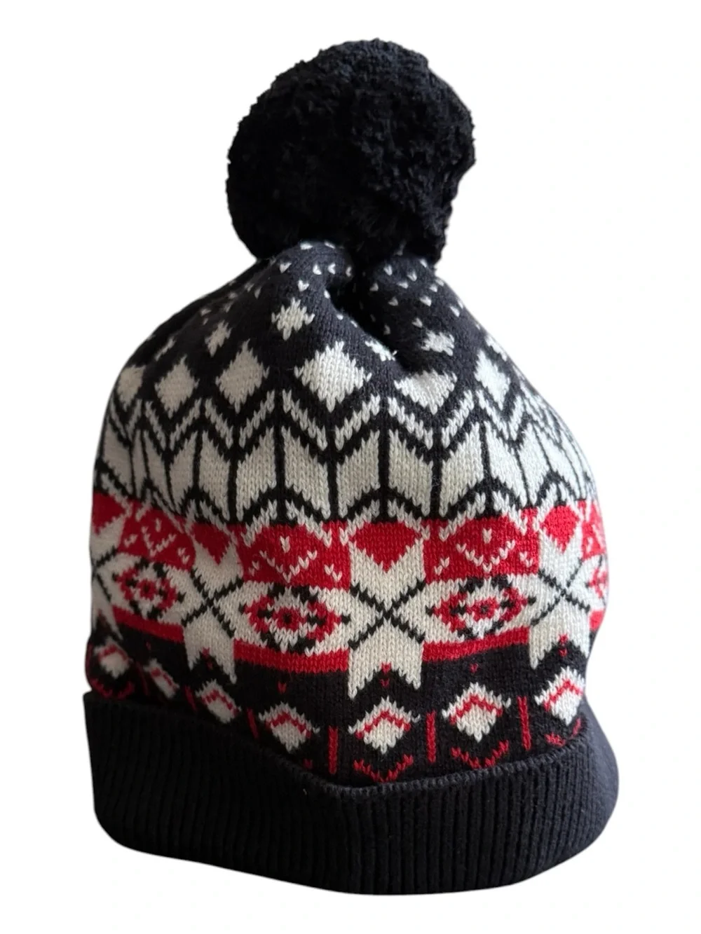 Hanna Andersson 100% Cotton Nordic Black Red White Fair Isle Pom Hat Adult XL